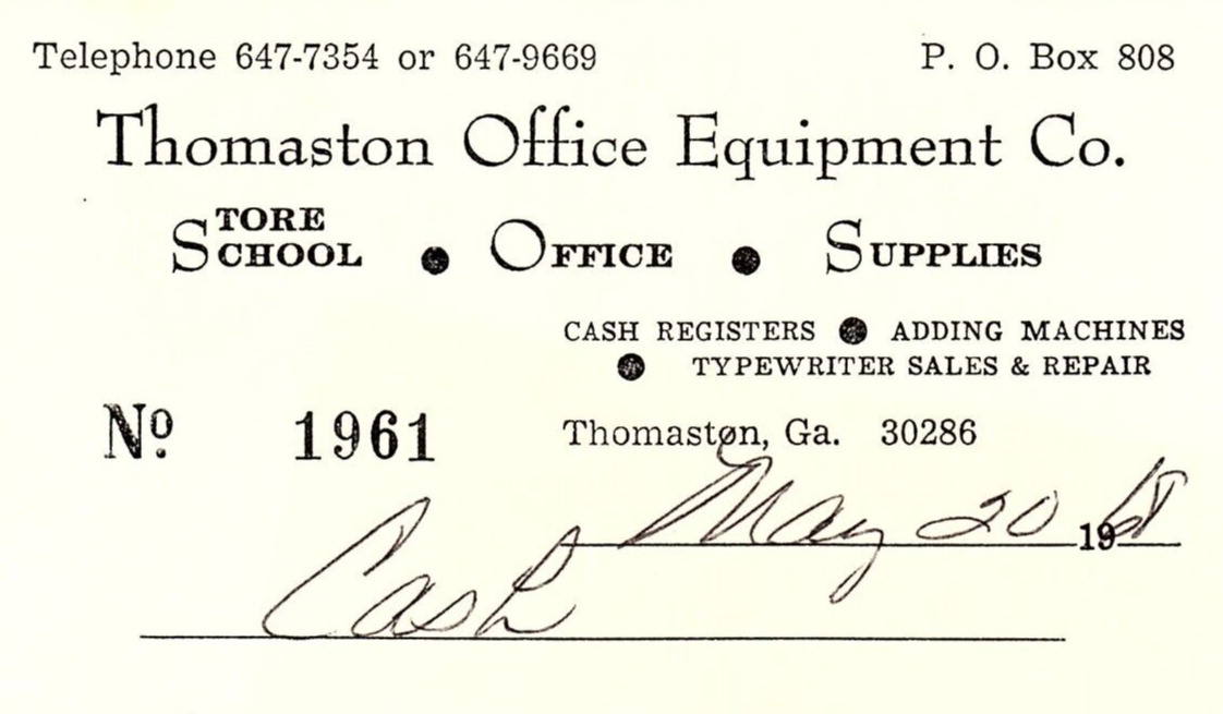 1968 THOMASTON  OFFICE EQUIPMENT CO GEORGIA SCHOOL OFFICE SUPPLIES INVOICE Z832