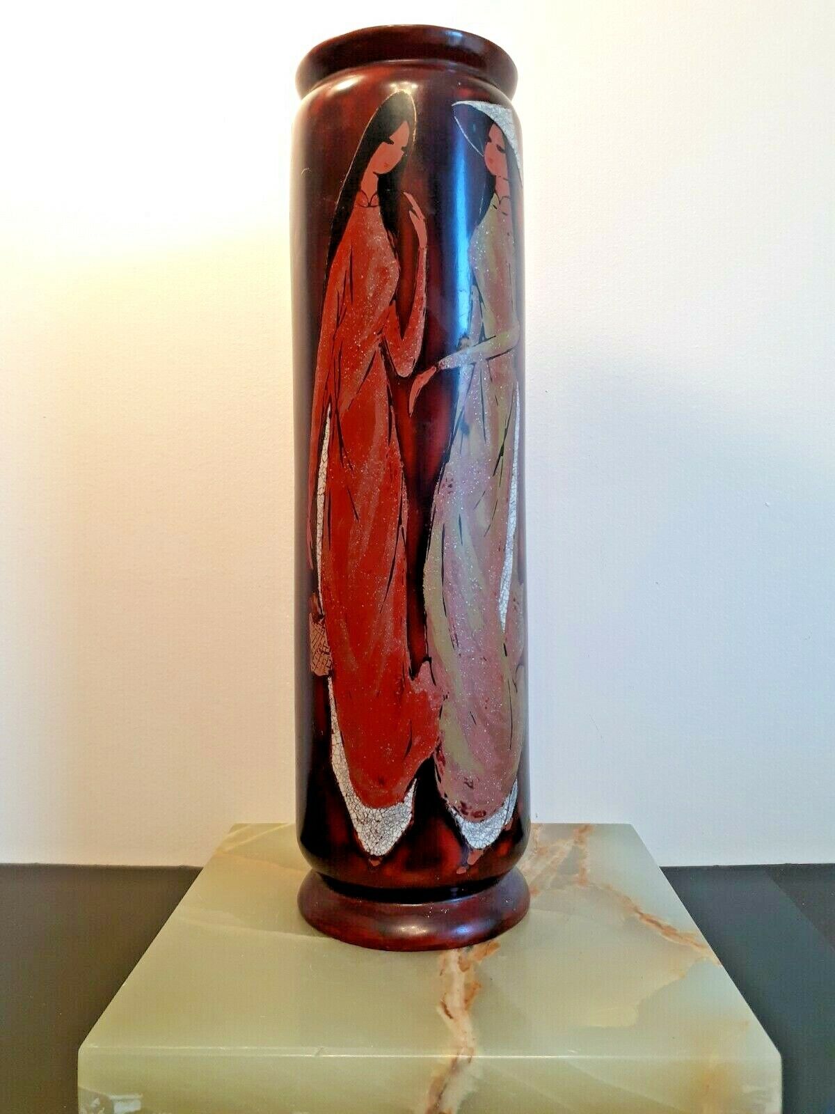 Vintage Vietnamese Decorated Lacquered Wood Vase Signed by Artist Ng. Hữu Sang