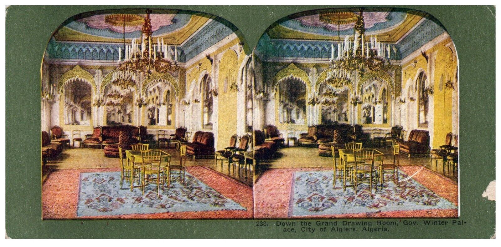 STEREOSCOPE GRAND DRAWING ROOM GOVERNORS PALACE ALGIERS, AGERIA CARD 233