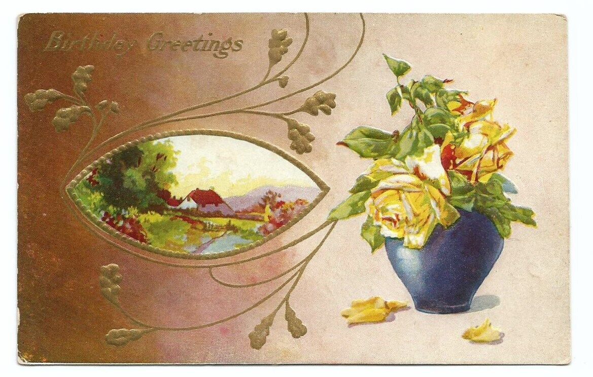 Yellow Roses Birthday Greeting Postcard Scenic Embossed c1910