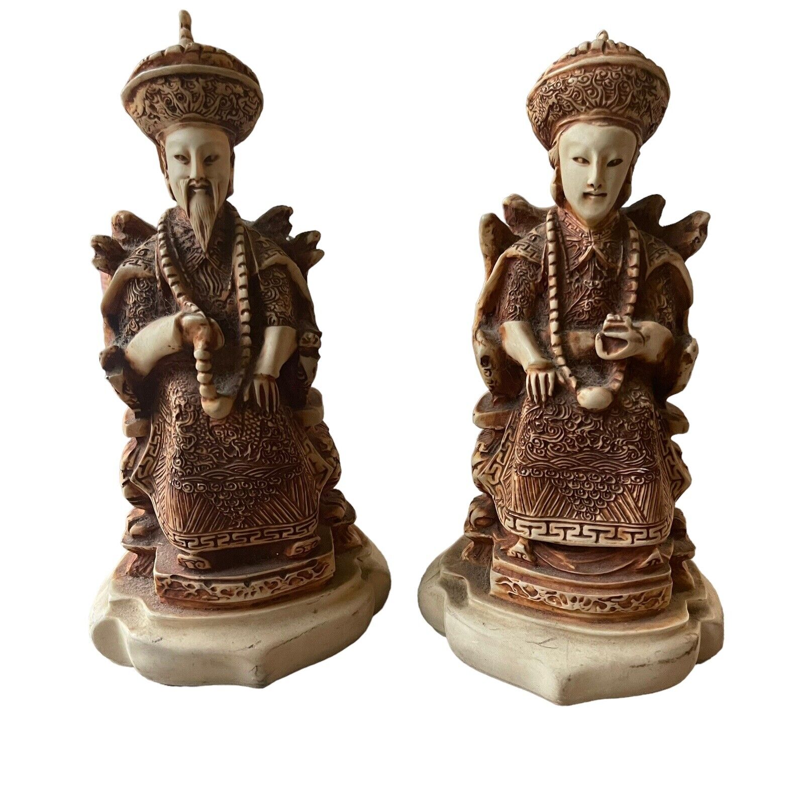 Vintage Asian Royal Male & Female Statues On Serpent Thrones With Prayer Beads