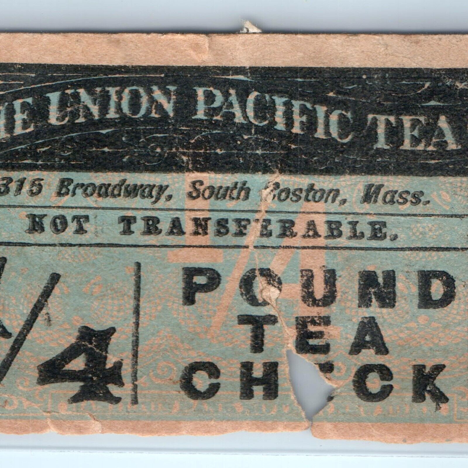 c1880s Union Pacific Tea Co. 1/4 Lb Pound Tea Check Card 315 Broadway Boston C43