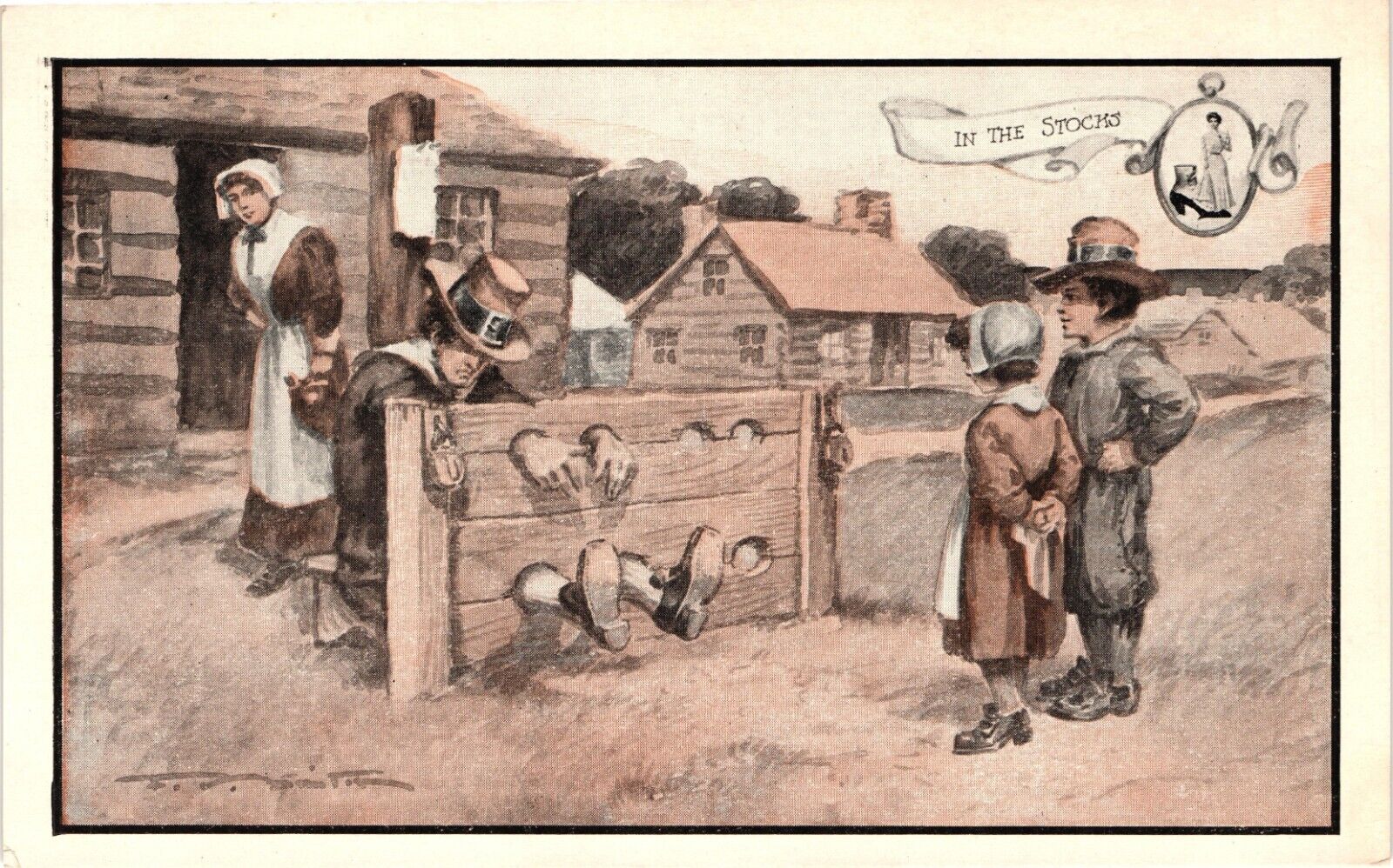 IN THE STOCKS Pilgrims Walk Over Shoes Advertising Postcard
