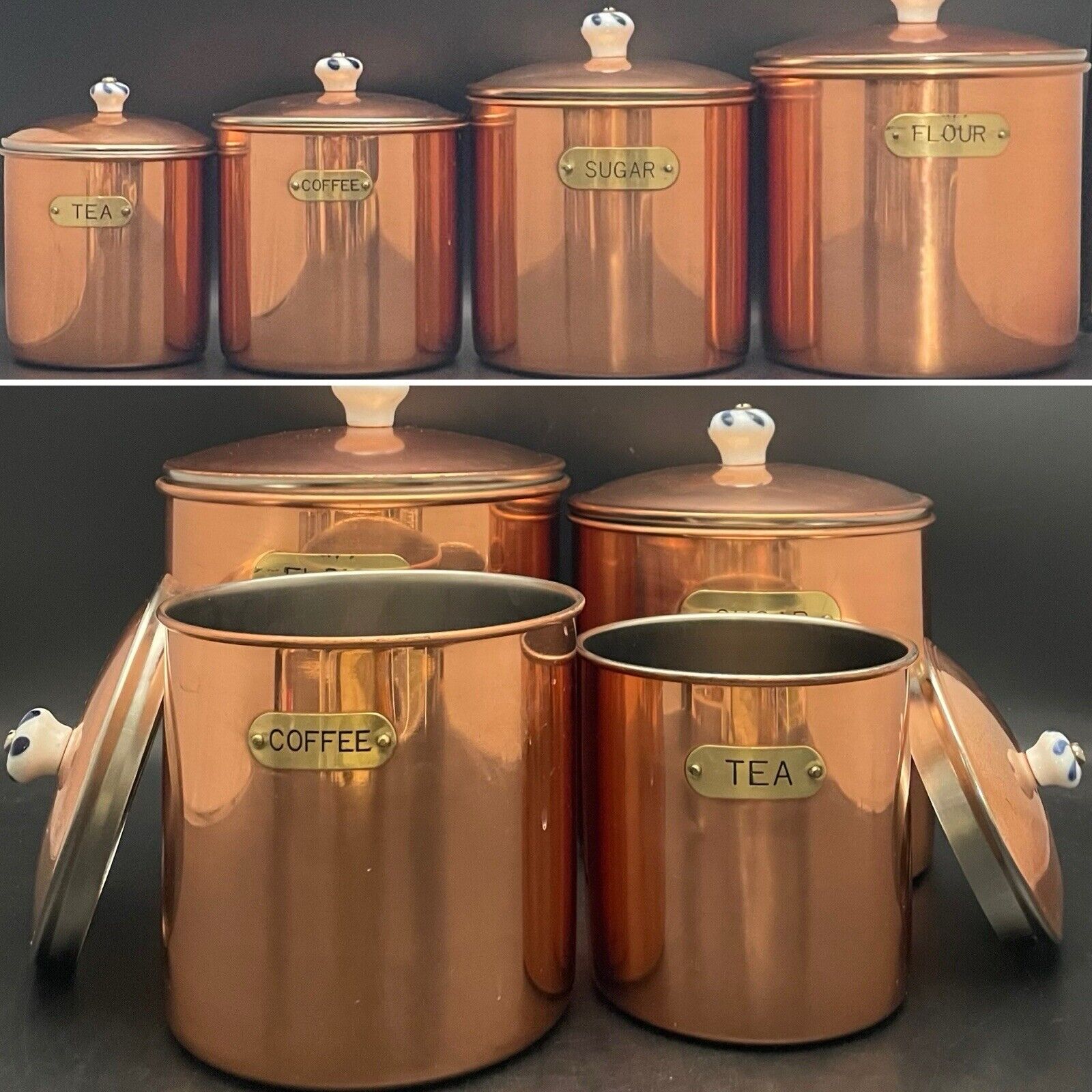 0.0.1. Solid Copper Stainless Steel Plated Canister 4pc Set c1970 Made in Taiwan