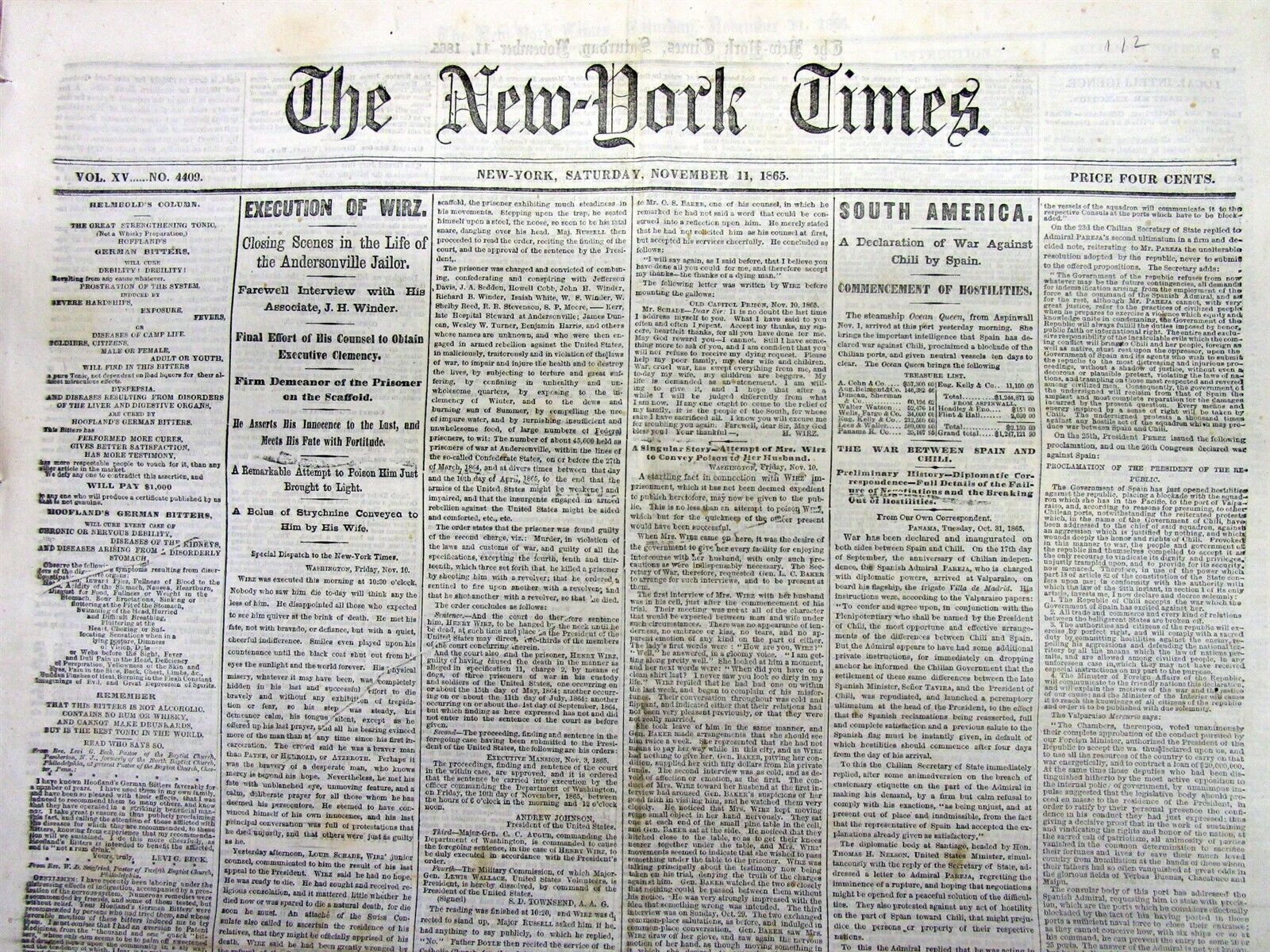 1865 NY Times Civil War newspaper HENRY WIRZ hanged - ANDERSONVILLE PRISON CAMP 