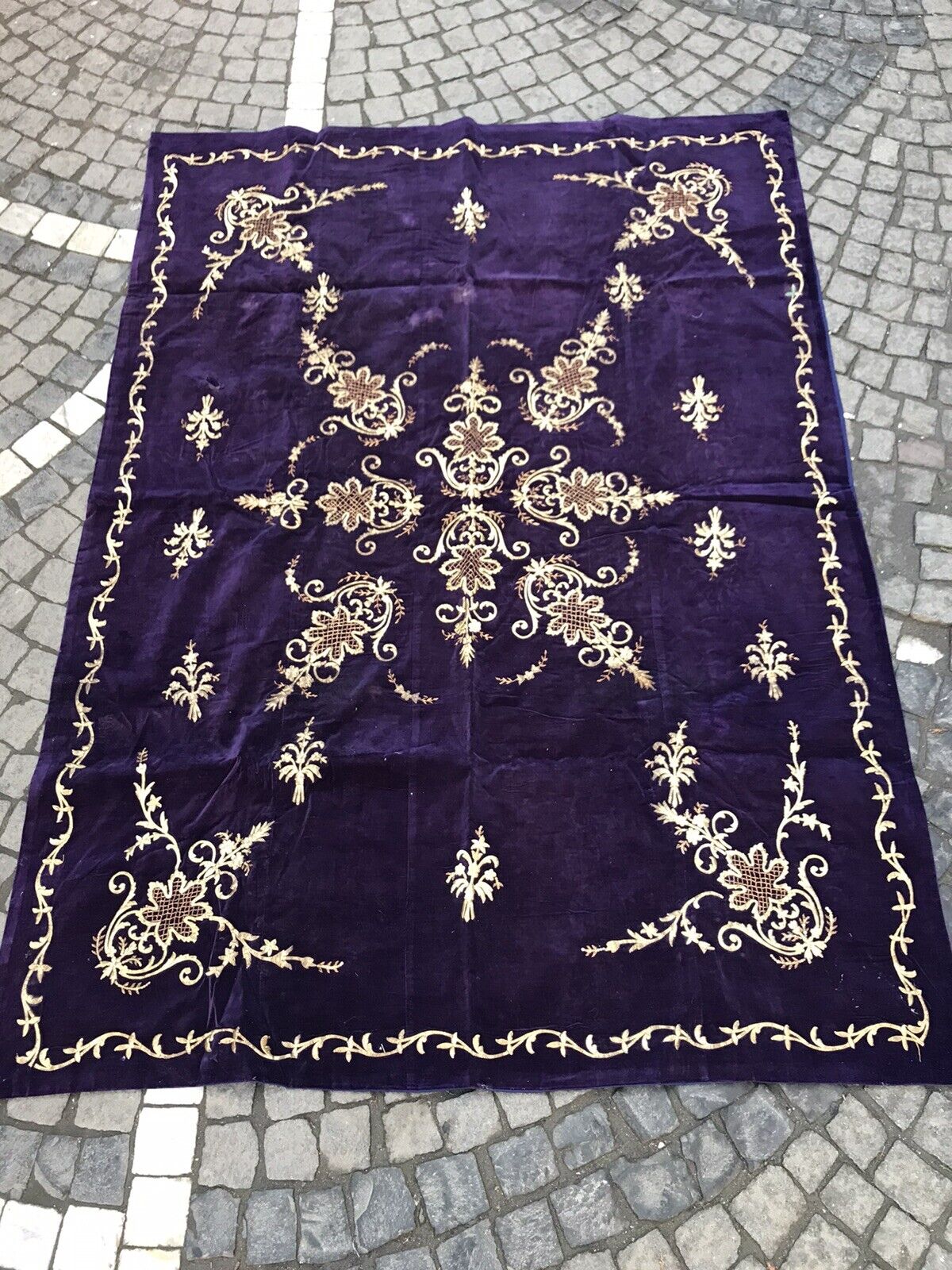 Vintage Turkish ottoman handmade velvet tablecloth, embroidered textile