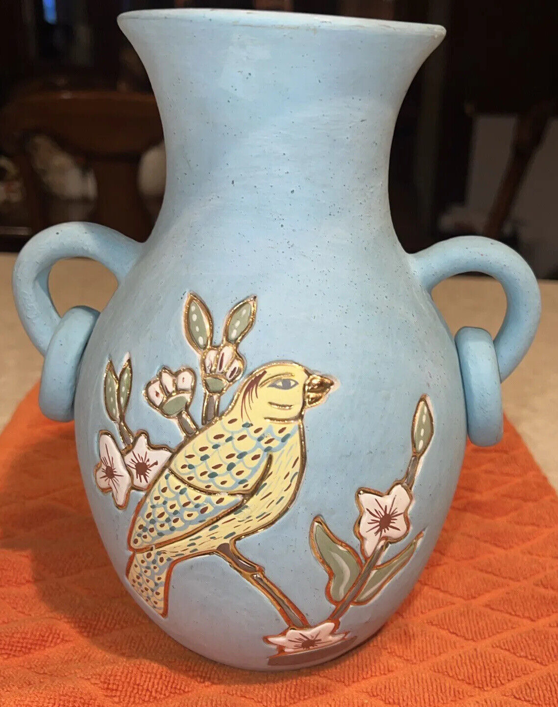 Ceramica Gardiel Linea 24K Gold Mexico Pottery Blue Vase Jug Bird Design