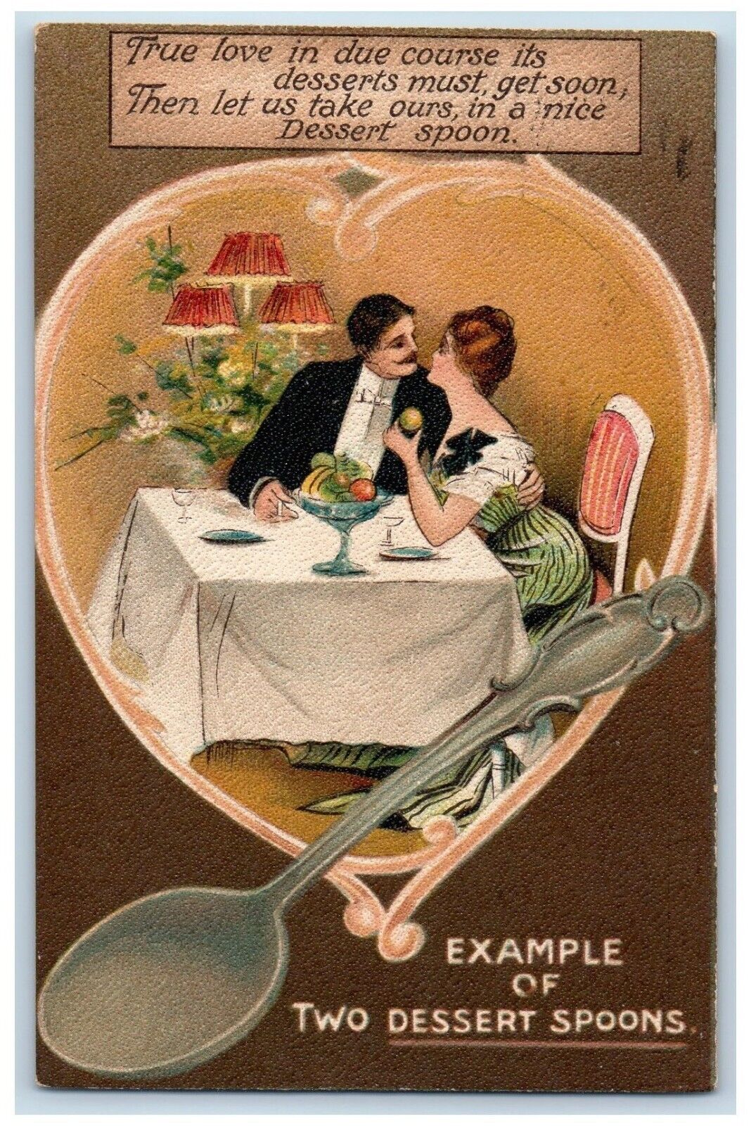Livermore Iowa IA Postcard Couple Romance An Example Of Two Dessert Spoons 1910