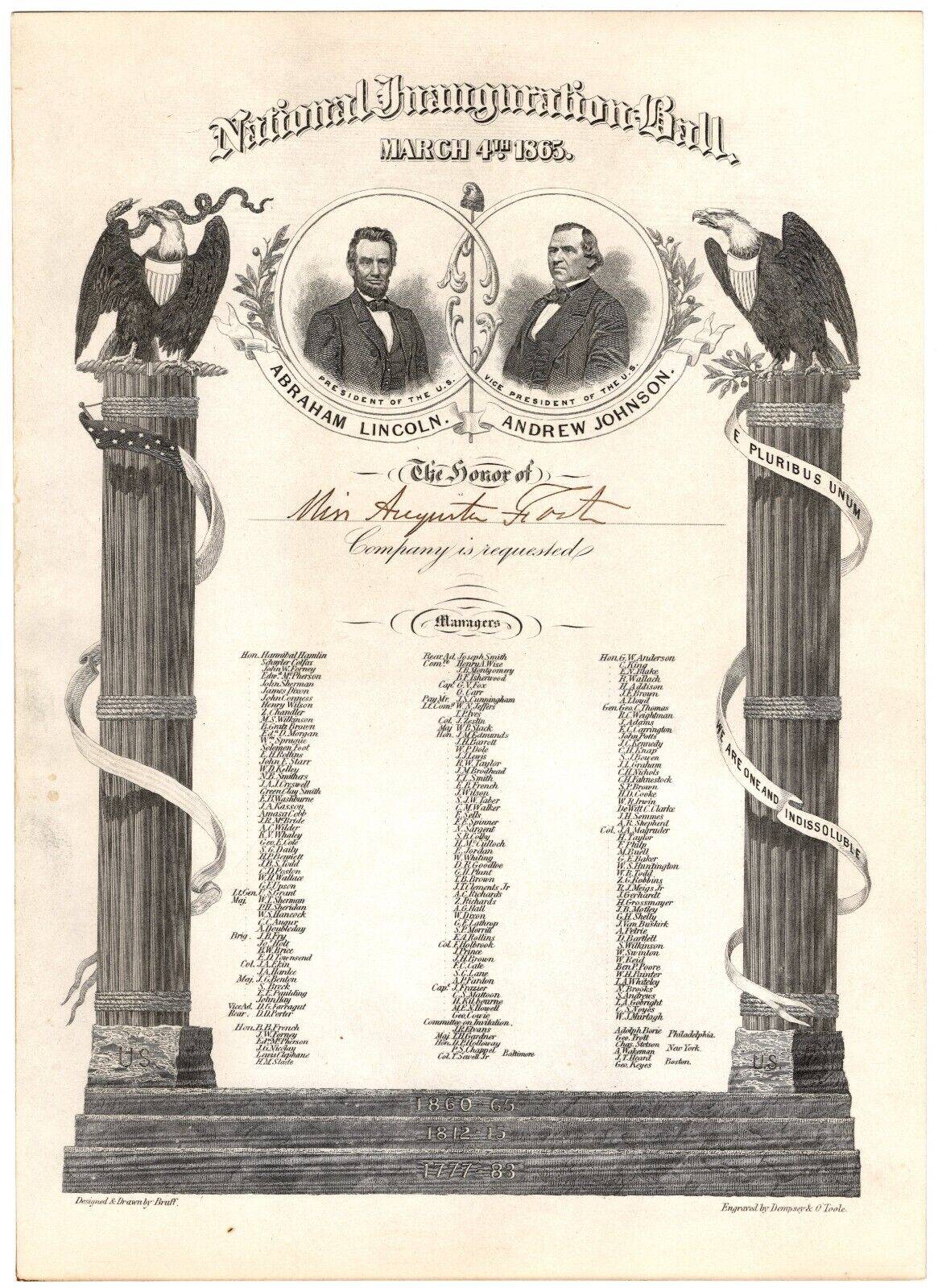 RARE 1864 Inaugural Ball Invitation for Pres Abraham Lincoln & VP Andrew Johnson