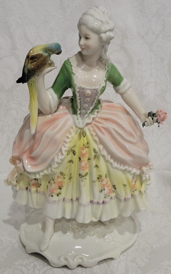 KARL ENS Dresden Volksted Porcelain Figure Lady W/PARROT & ROSE  GORGEOUS 