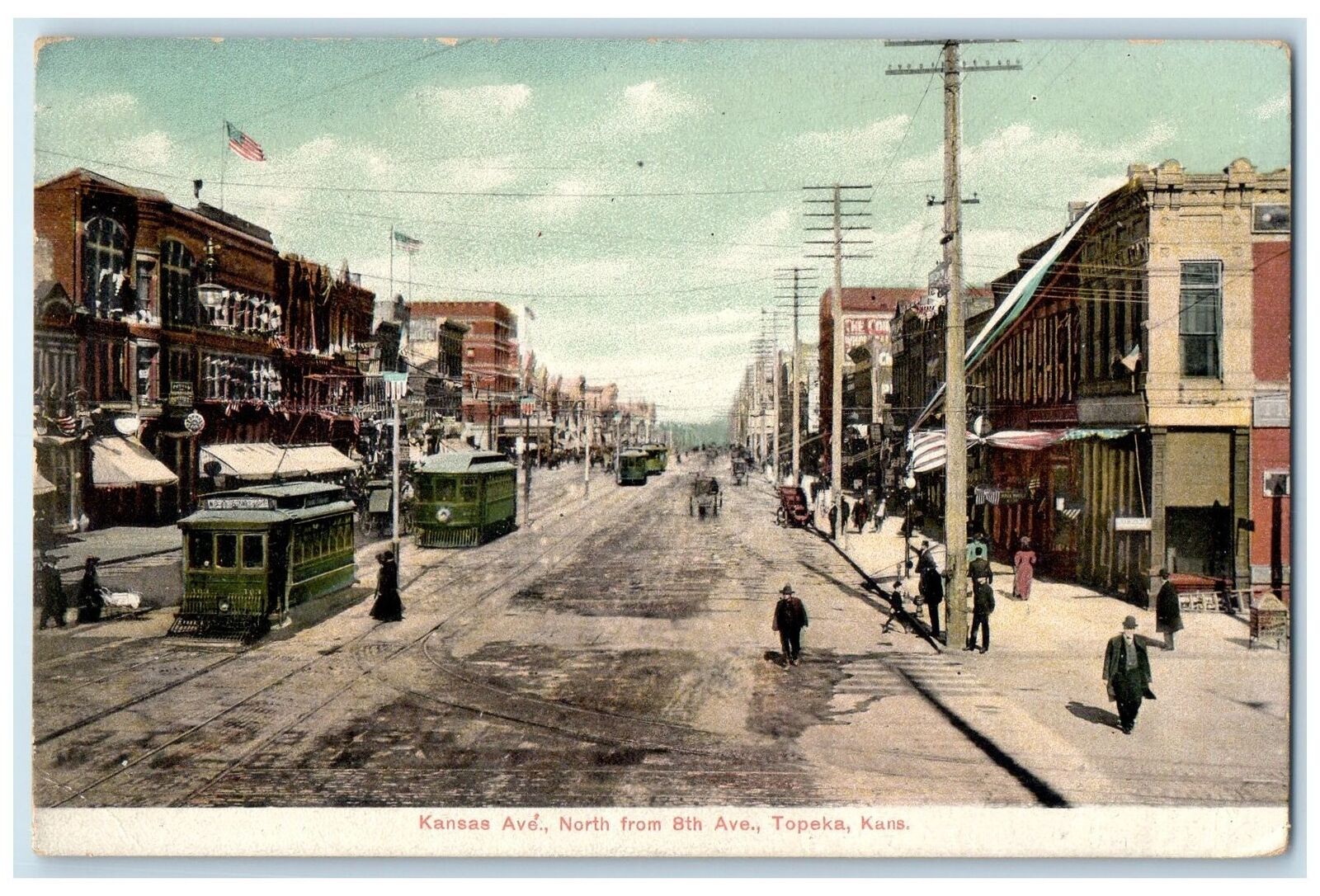 c1910\'s Kansas Ave. North From 8th Avenue Cars Topeka KS Posted Vintage Postcard