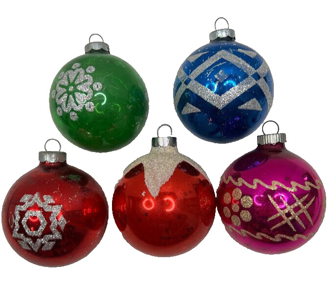 Vintage Christmas 5 Glass Mica Glitter Ball Ornaments Blue Pink Red USA