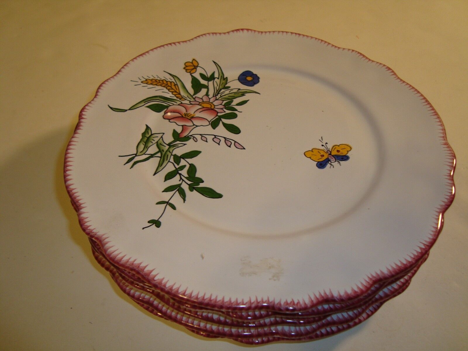 Set of 5 French hand painted dessert plates signed by French artist Renoleau 