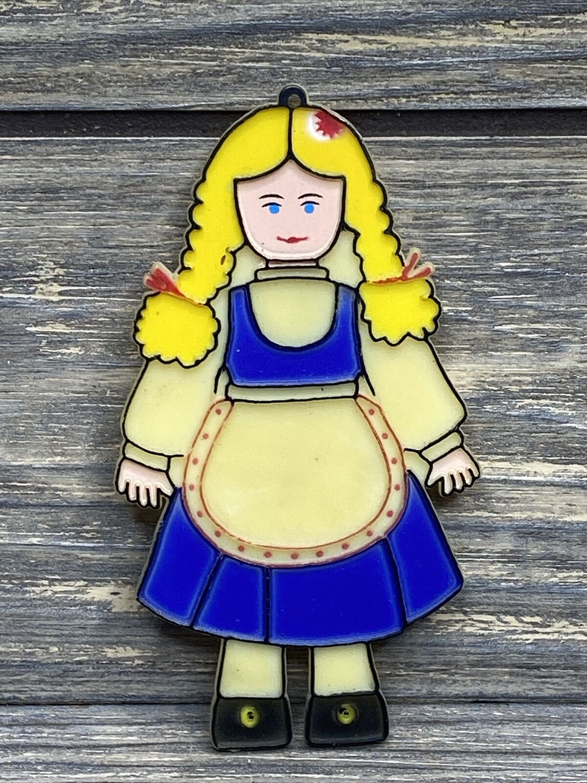 Vintage Refrigerator Magnet Swiss Miss Girl Plastic Blue Dress Blonde Hair 3.5”