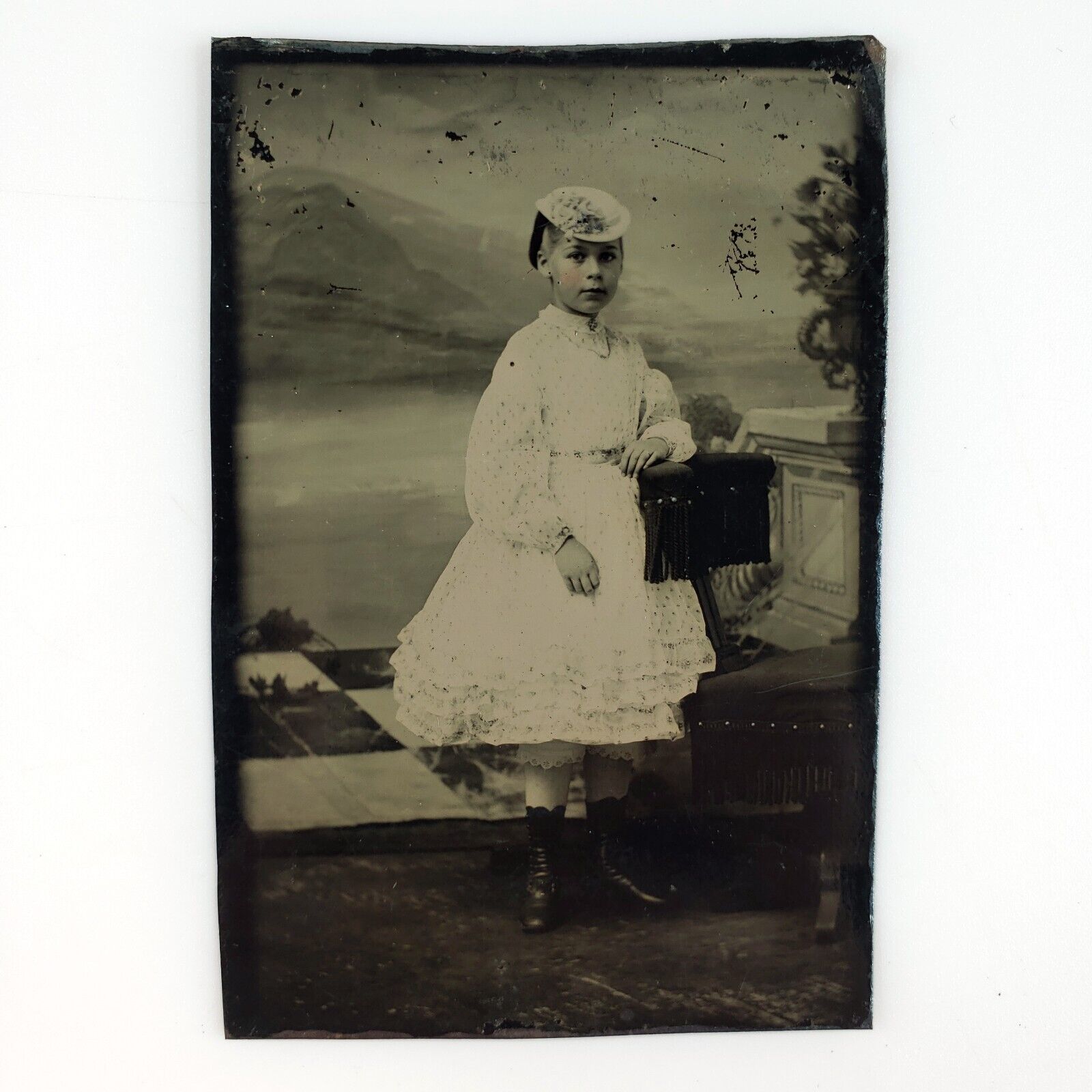 Victorian Child Painted Backdrop Tintype c1870 Antique 1/6 Plate Photo A3637