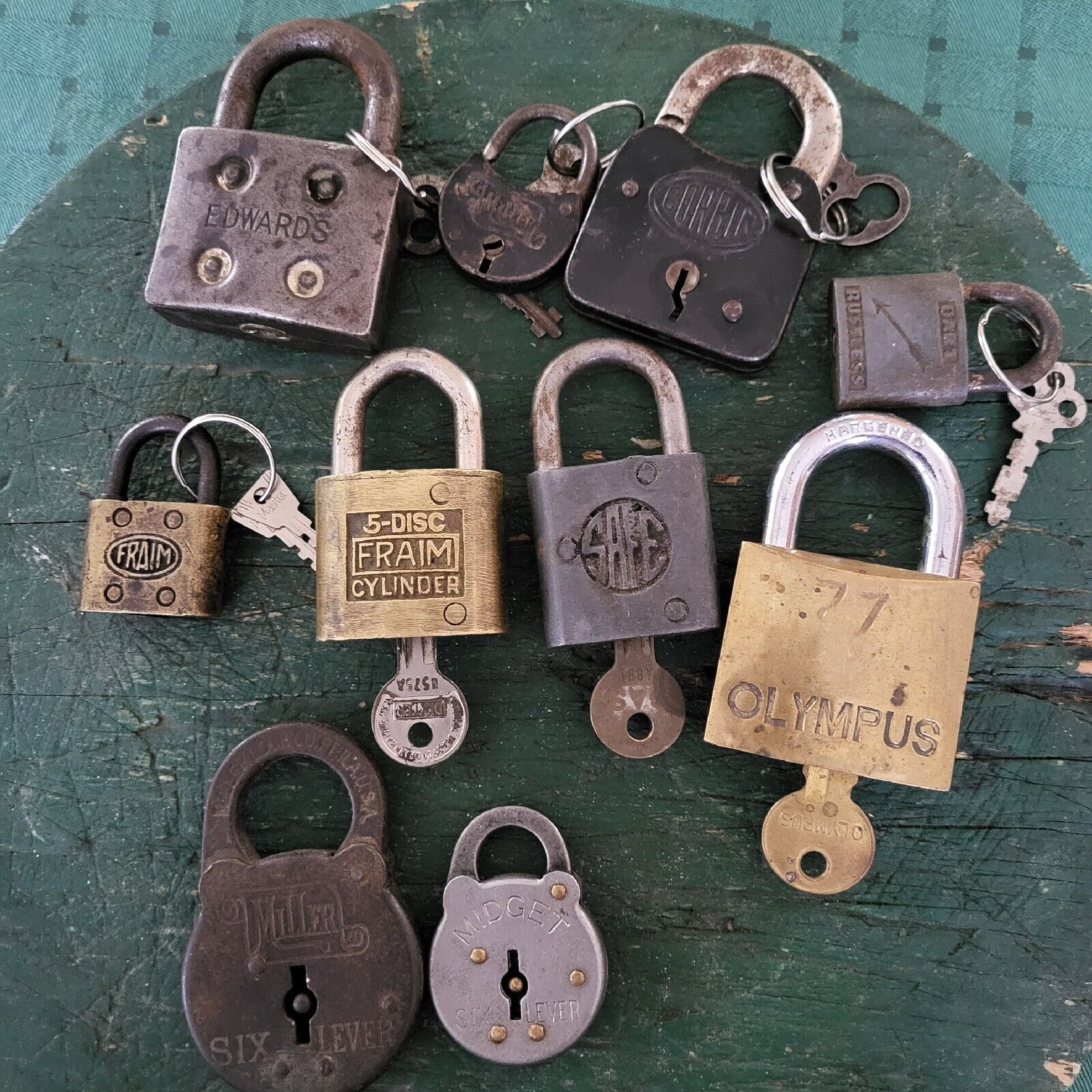 Antique/Vintage Padlock Lot Of 10, There Are 8 Working With Keys