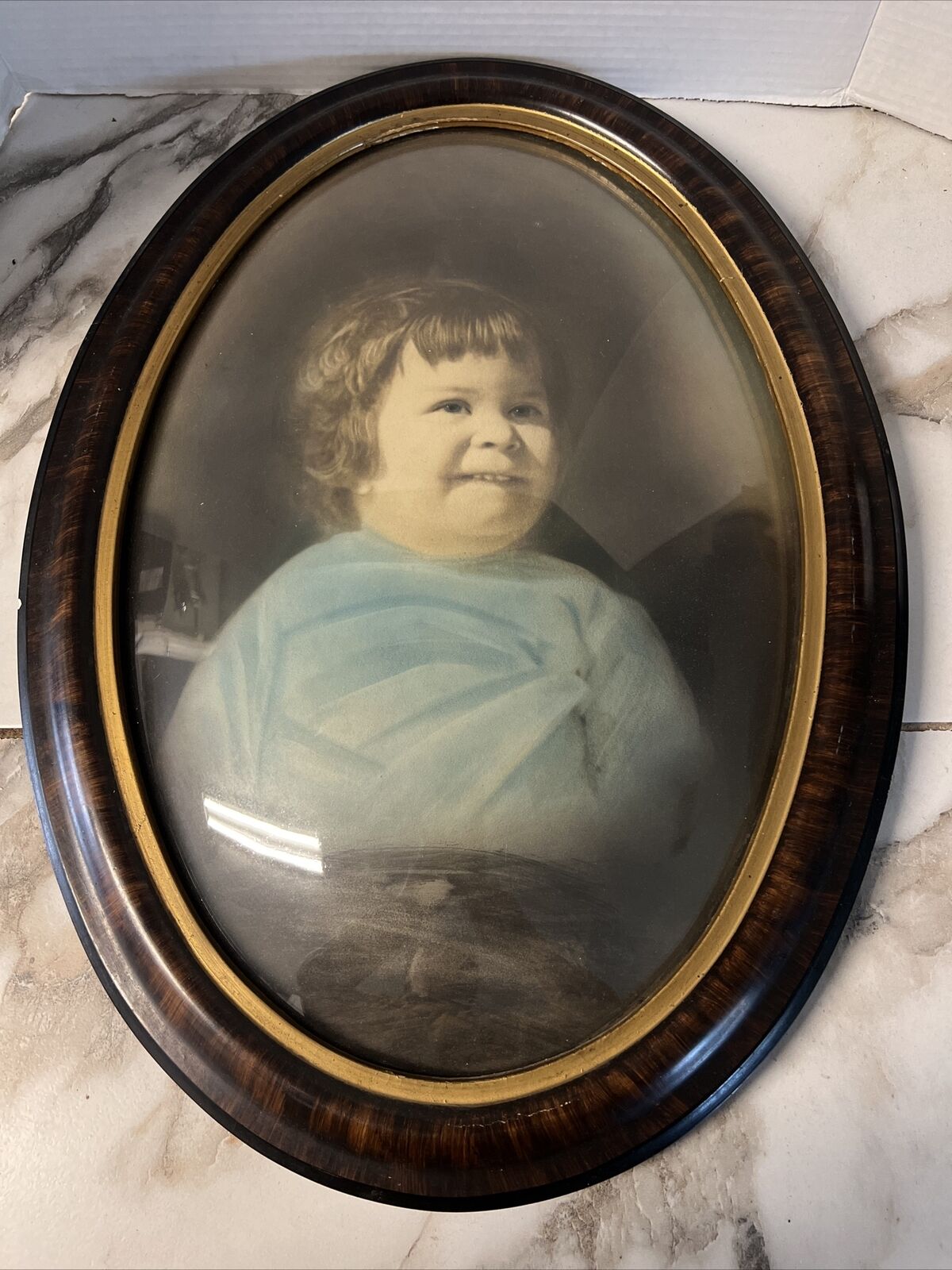 Large Antique Wooden Oval Bubble Glass Frame Child Picture 1900s 1910s 23x16.5