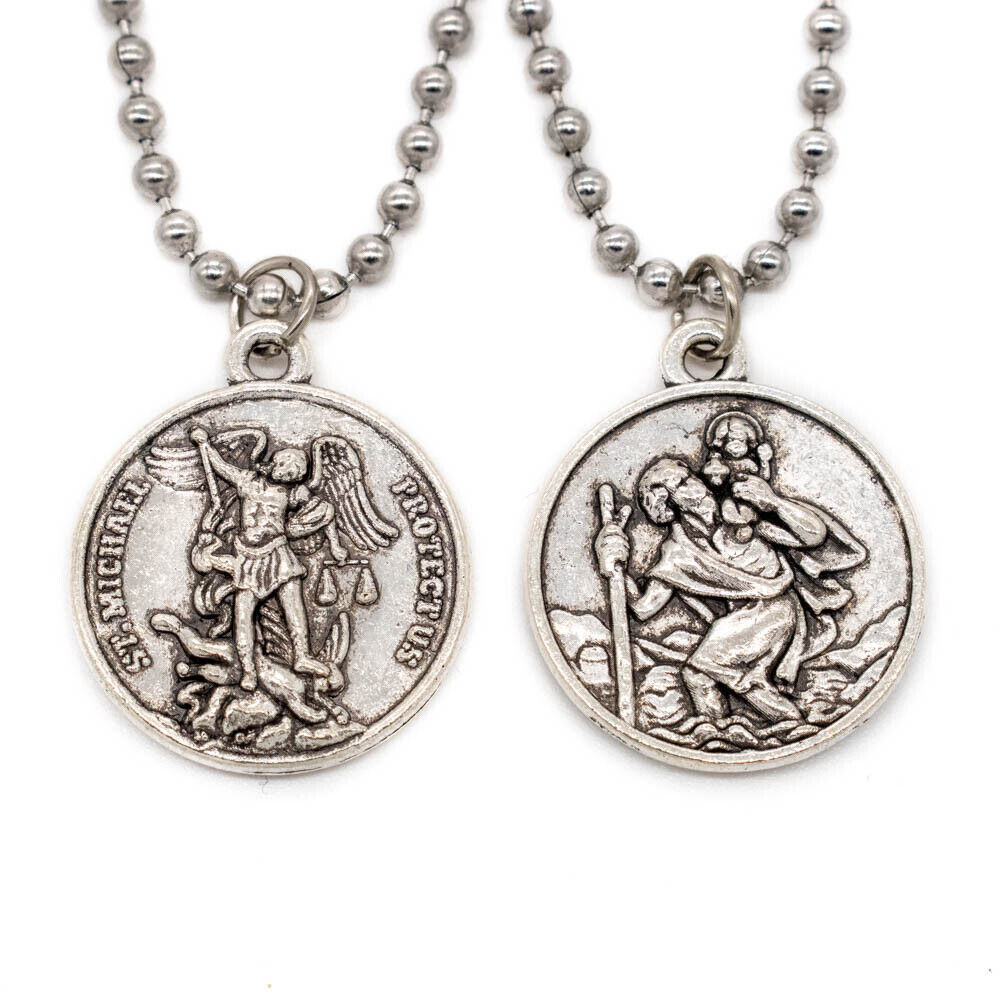 Double Sided St Michael & St Christopher Devotional Saint Medal Pendant Necklace
