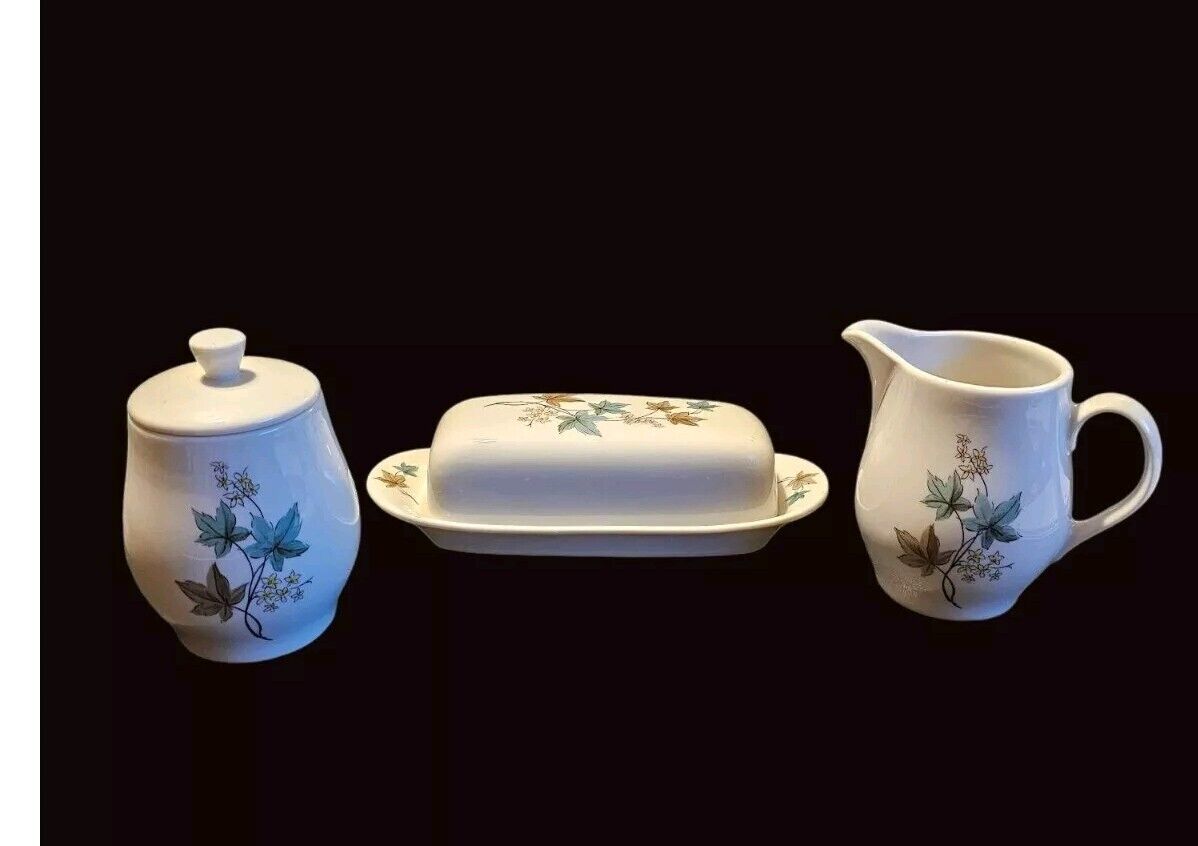 Vintage 1960s Butter Dish, Cream and Sugar Set Carefree Woodbine SYRACUSE China