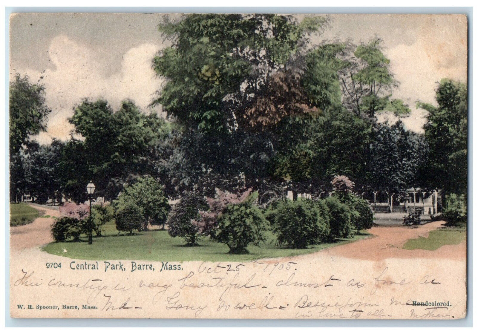 1905 Central Park Barre Massachusetts MA Elioak MD Handcolored Postcard