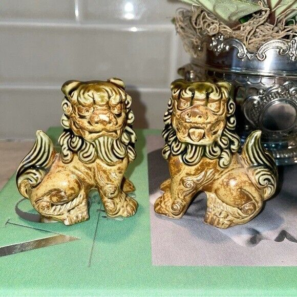 Vintage Pair Japanese Foo Dogs, Ceramic Green & Gold Chinoiserie Decor Figurine