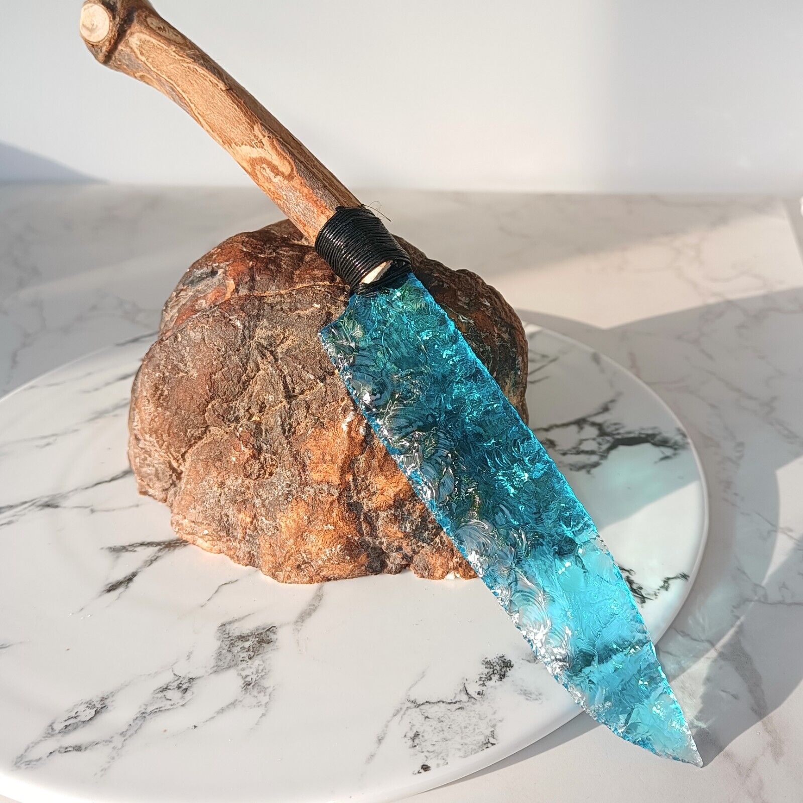 260mm Hand carving blue glass quartz crystal knife sample healing