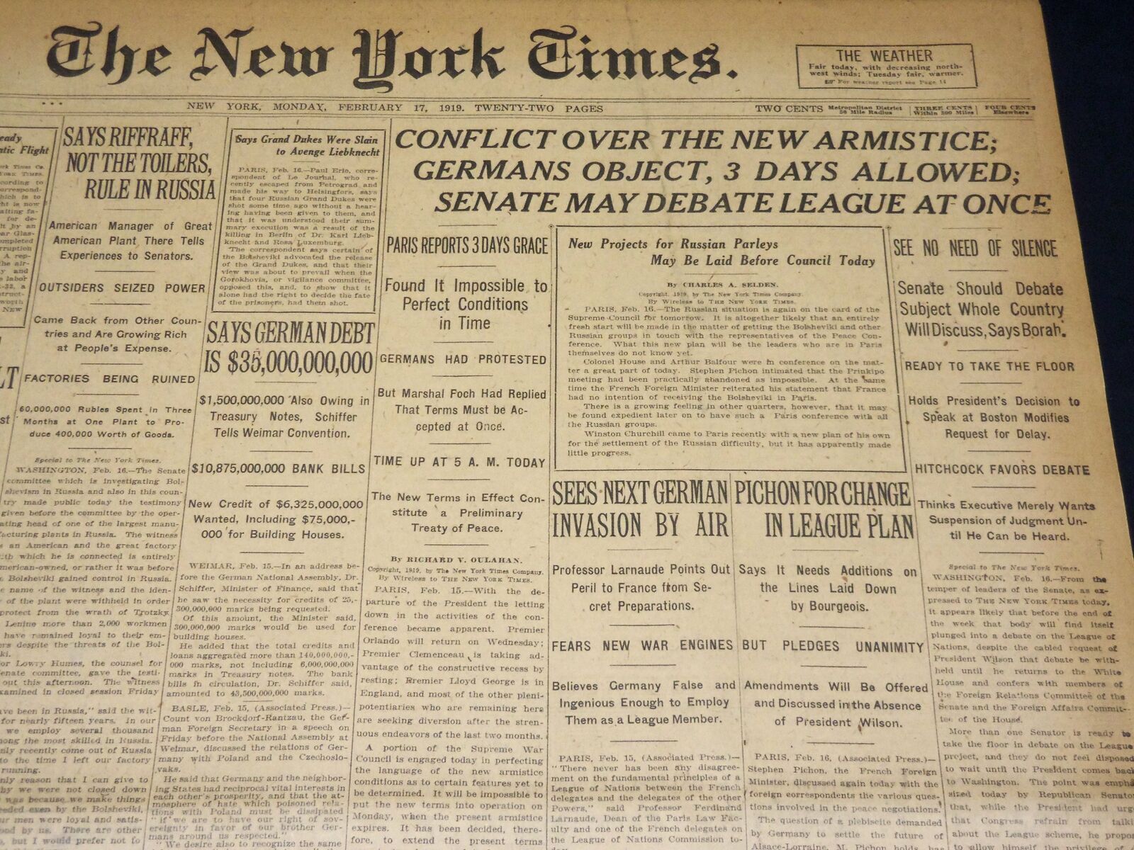 1919 FEBRUARY 17 NEW YORK TIMES - CONFLICT OVER NEW ARMISTICE - NT 7978