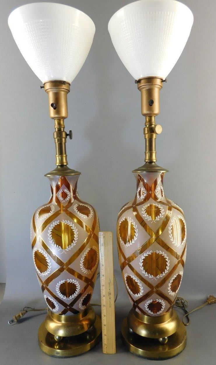 PR Antique Bohemian Amber Glass Painted Enamel NeoClassical Wreath Banquet Lamps
