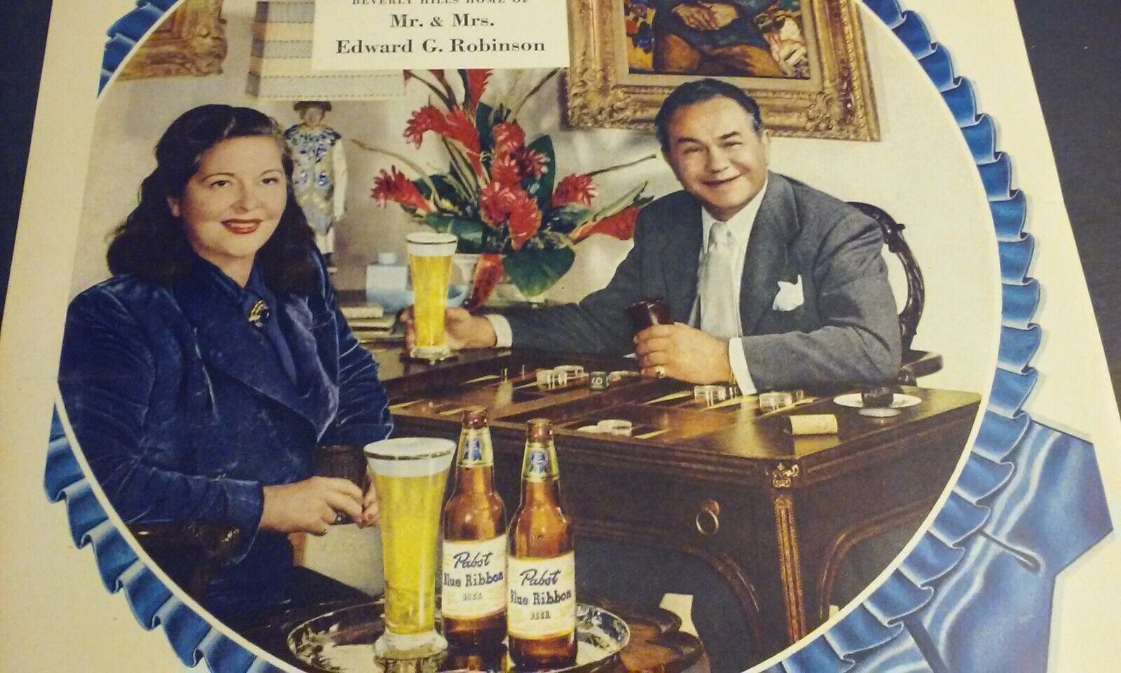 1949 Magazine Color Ad w/ Mr. & Mrs. EDWARD G. ROBINSON PABST Blue Ribbon Beer
