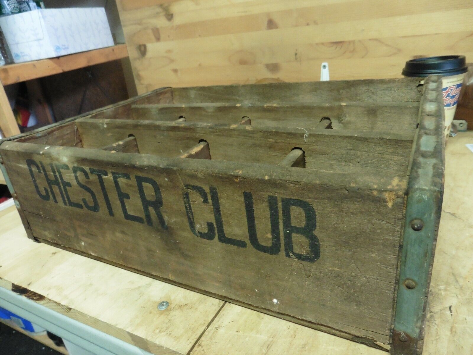 vtg Milk Crate wood metal Box Chester Club Beverages Rare Poughkeepsie 1950\'s