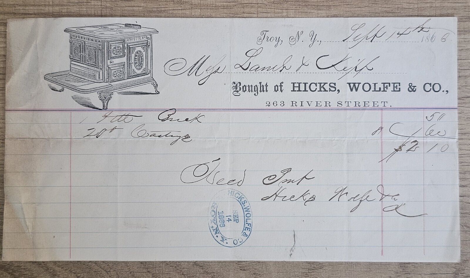1868 Antique Illustrated Stove Billhead Receipt Hicks, Wolfe & Co Troy, NY