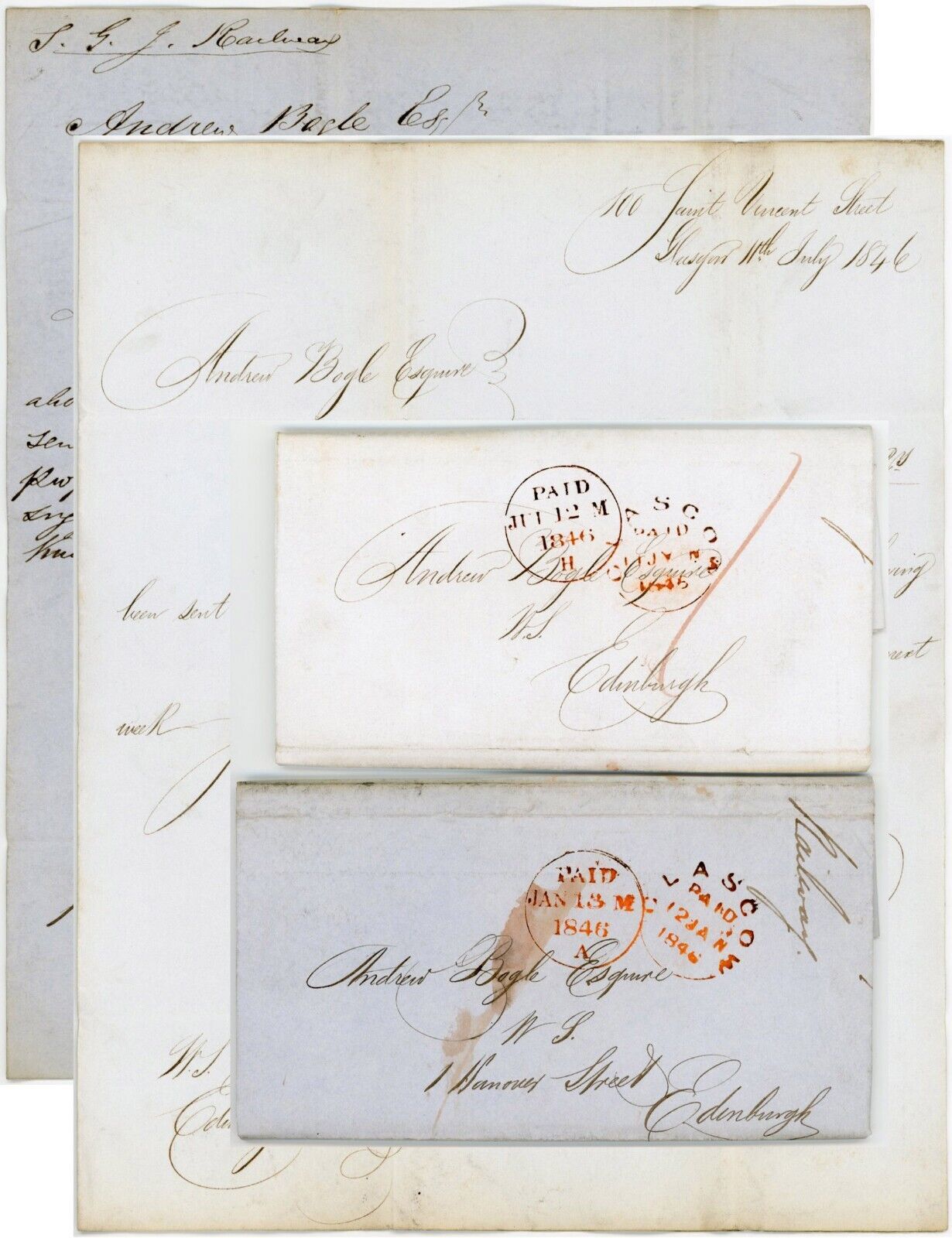 2 LETTERS 1846 SCOTTISH GRAND JUNCTION RAILWAY G MARTIN to ANDREW BOGLE