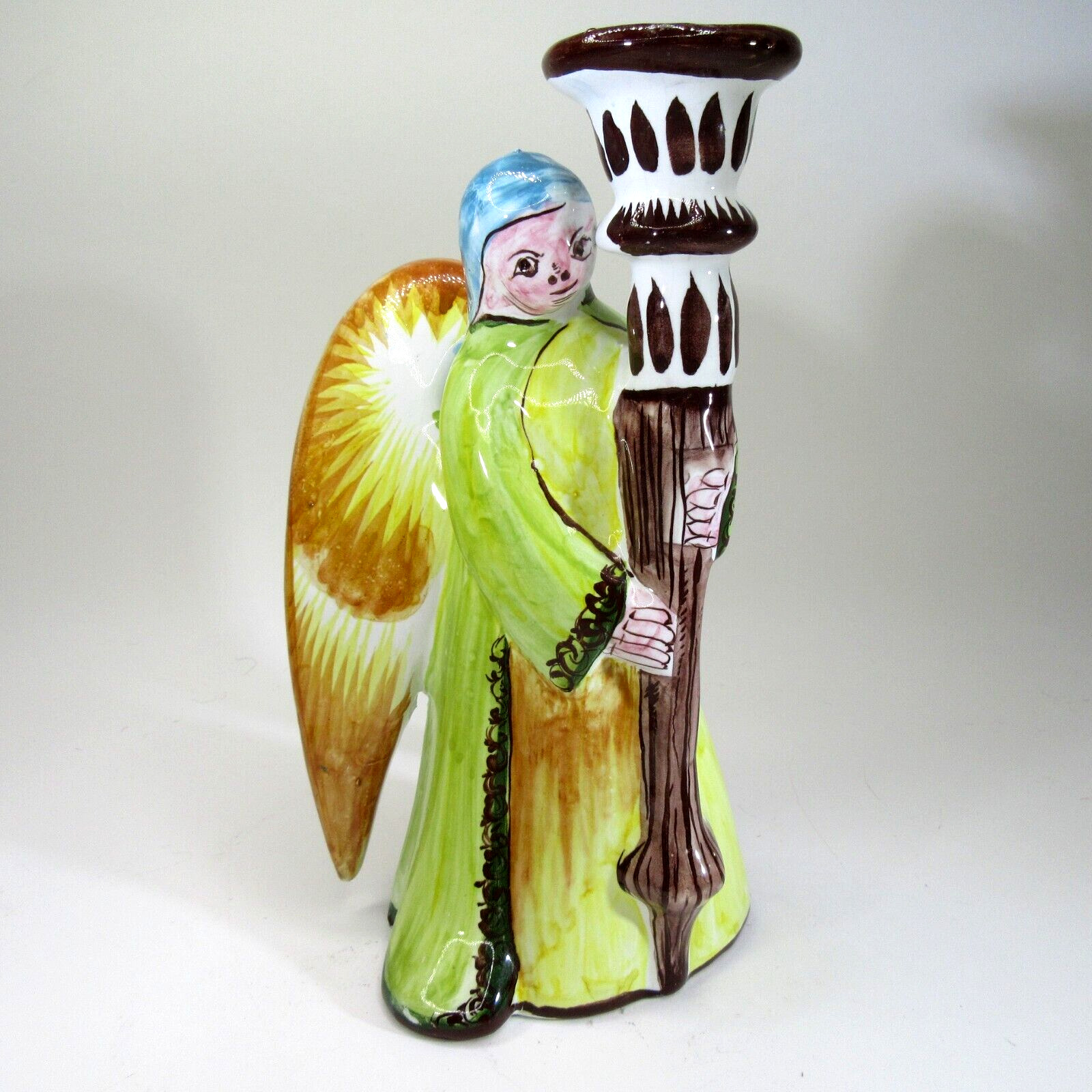 Vintage folk art ceramic ANGEL Candle Holder HAND PAINTED 9.5\