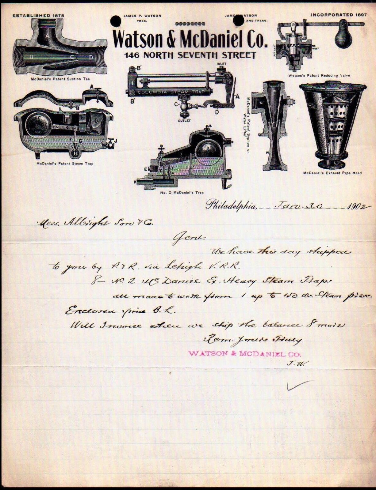 1902 Philadelphia - Watson & McDaniel Co - Rare Letter Head Bill