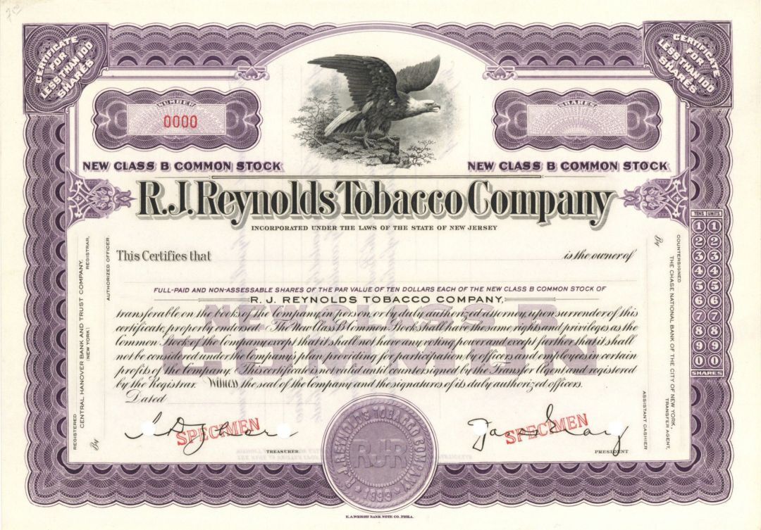 R.J. Reynolds Tobacco Co. - 1899 dated Specimen Stock Certificate - Specimen Sto