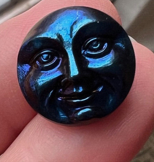 Vintage Czech glass Button Celestial MOON face~Volcano BLUE~18mm~Z6