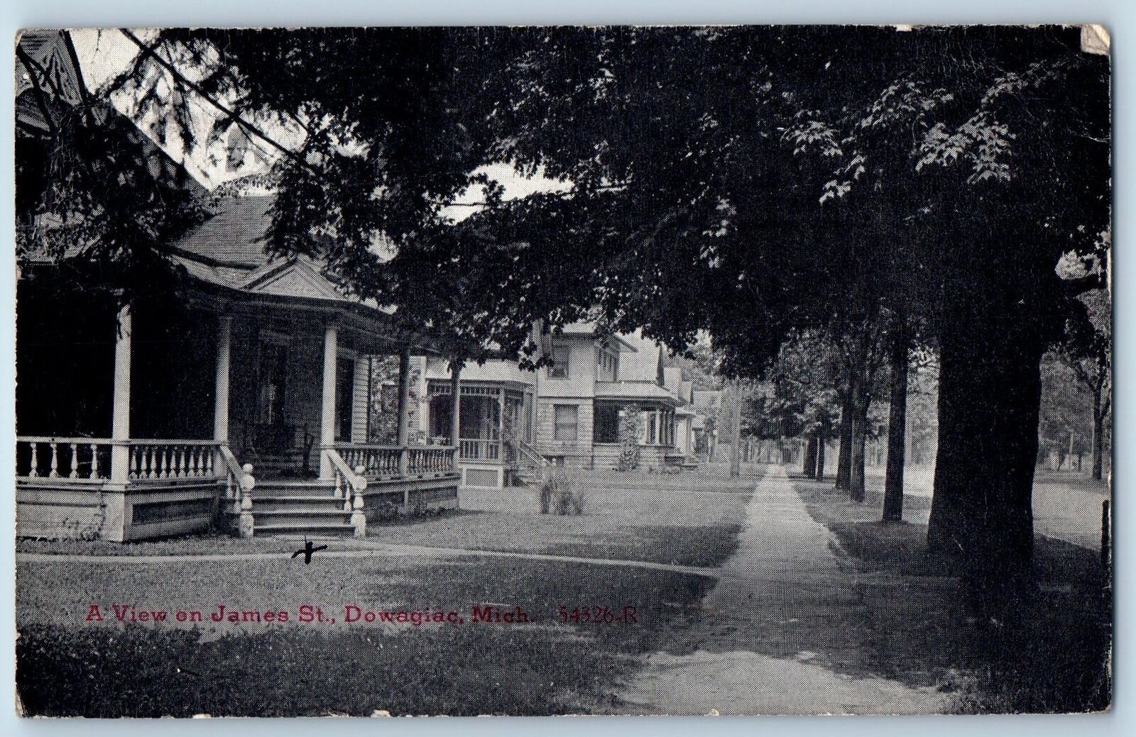 1913 A View On James Street Dirt Pathways Porch Dowagiac Michigan MI Postcard