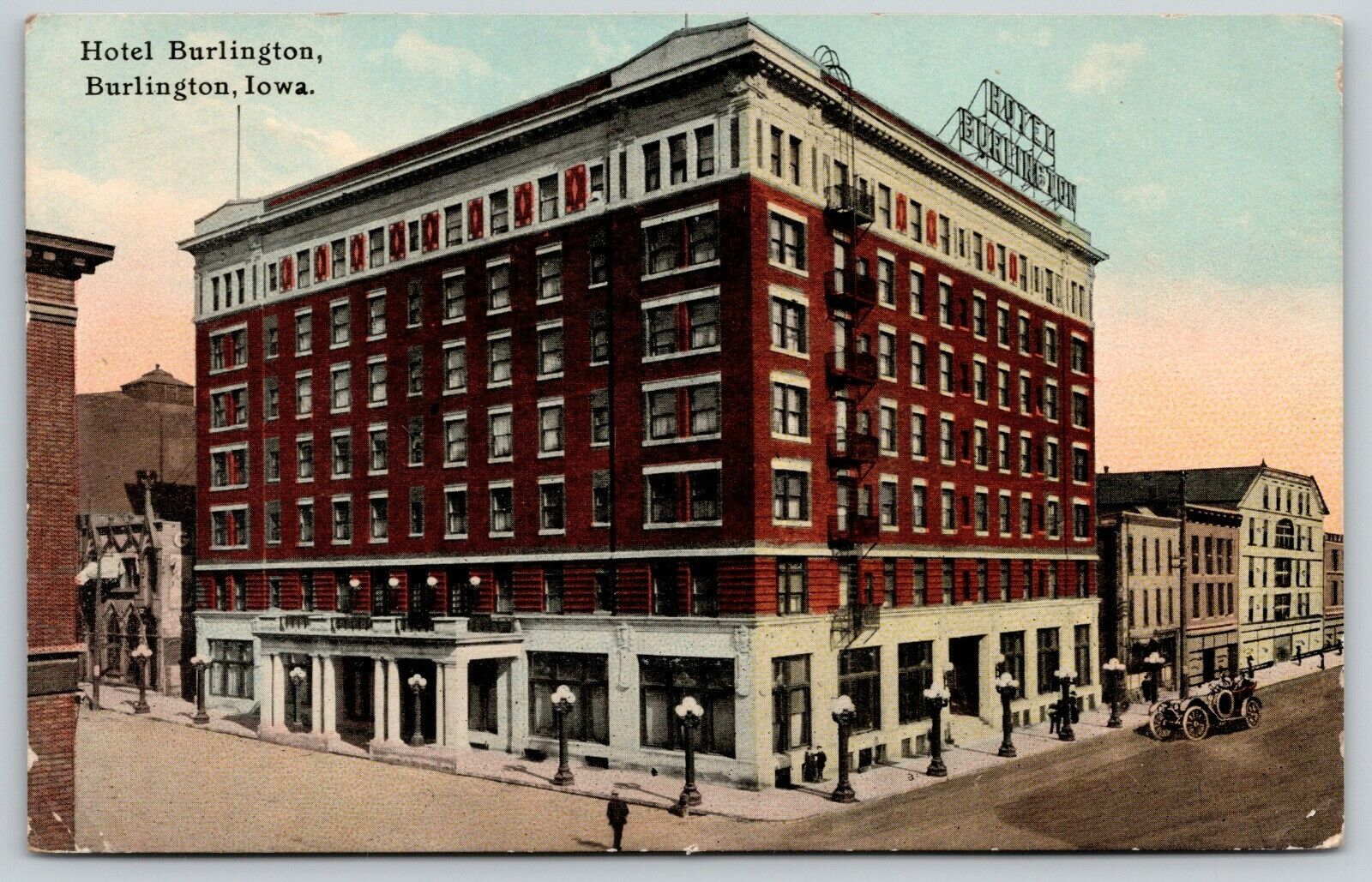 Hotel Burlington Iowa~Rooftop Sign~Fire Escapes~Lampposts~Oversized Car 1912
