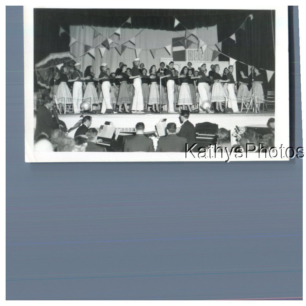FOUND B&W PHOTO G_1761 WOMEN AND MEN ON STAGE ORCHESTRA BELOW
