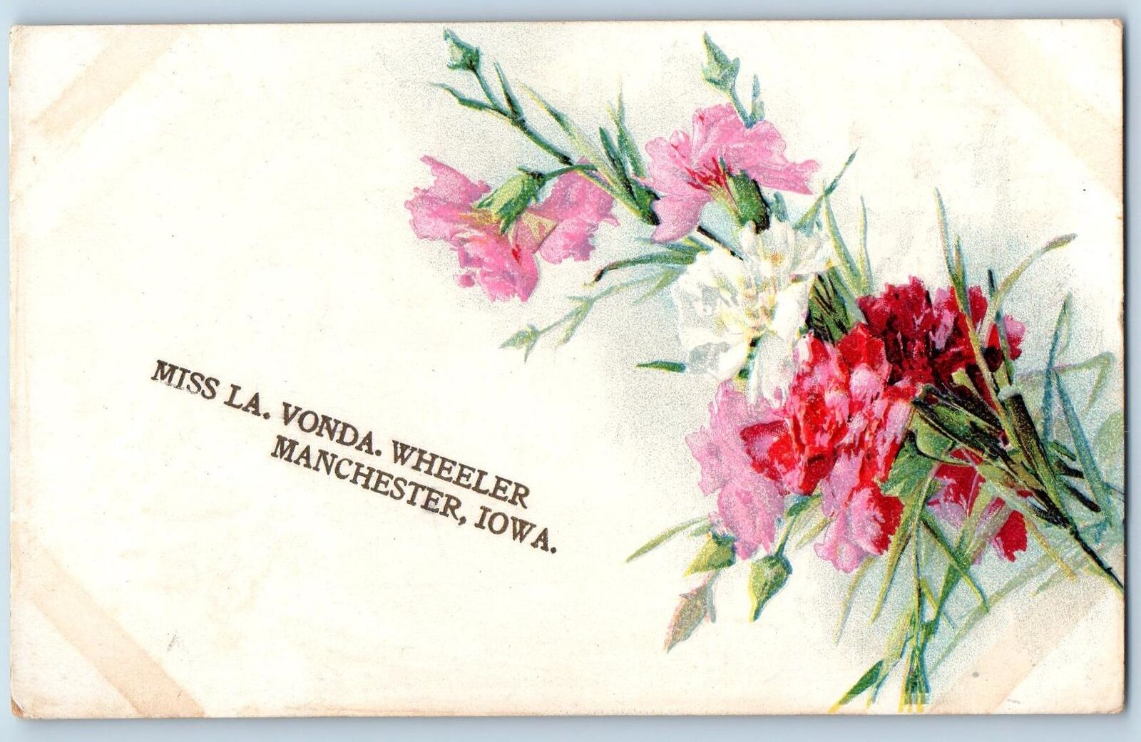 Manchester Iowa IA Postcard Miss La Vonda Wheeler Embossed Flowers c1910 Antique
