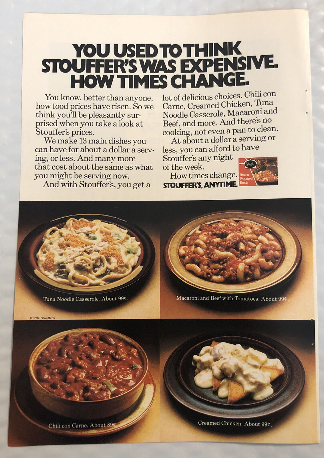 Vintage 1976 Stouffer’s Original Print Ad Full Page - How Times Change