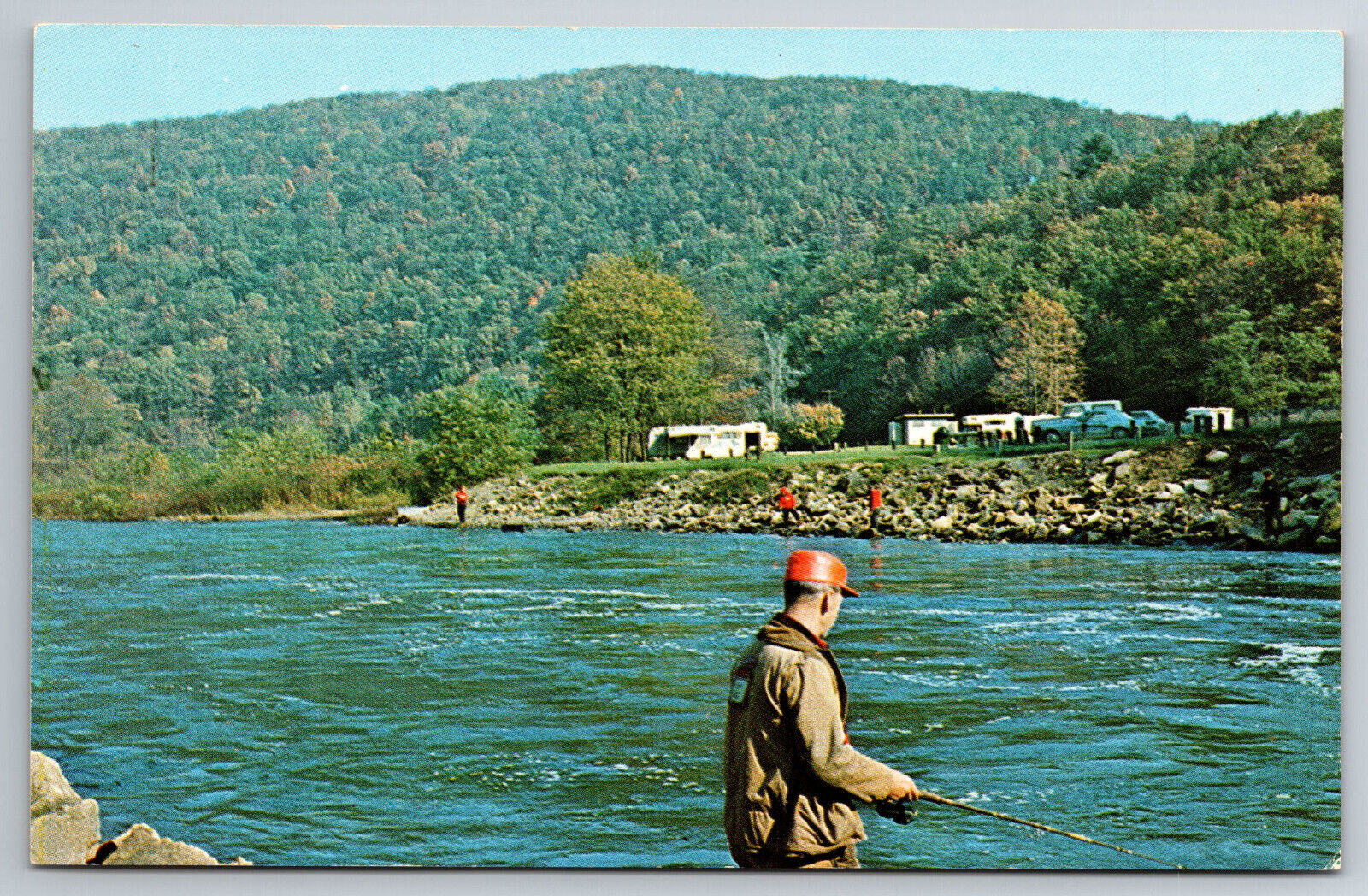 Postcard Vintage PA Allegheny River Tionesta Dam Fisherman Fishing ~9397