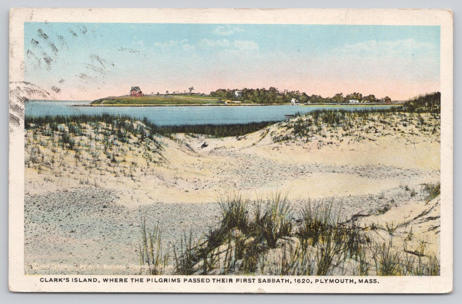 Clark\'s Island Pilgrams Sabbath Plymouth Massachusetts Vintage Linen Postcard