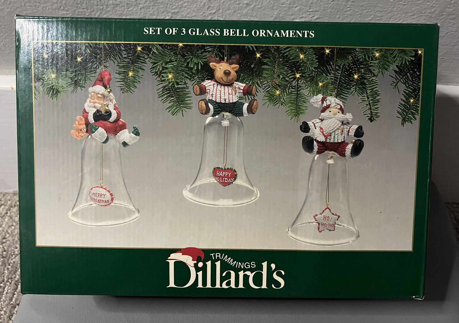 Vintage Dillard\'s Trimmings Set of 3 Glass Bell Ornaments New In Original Box