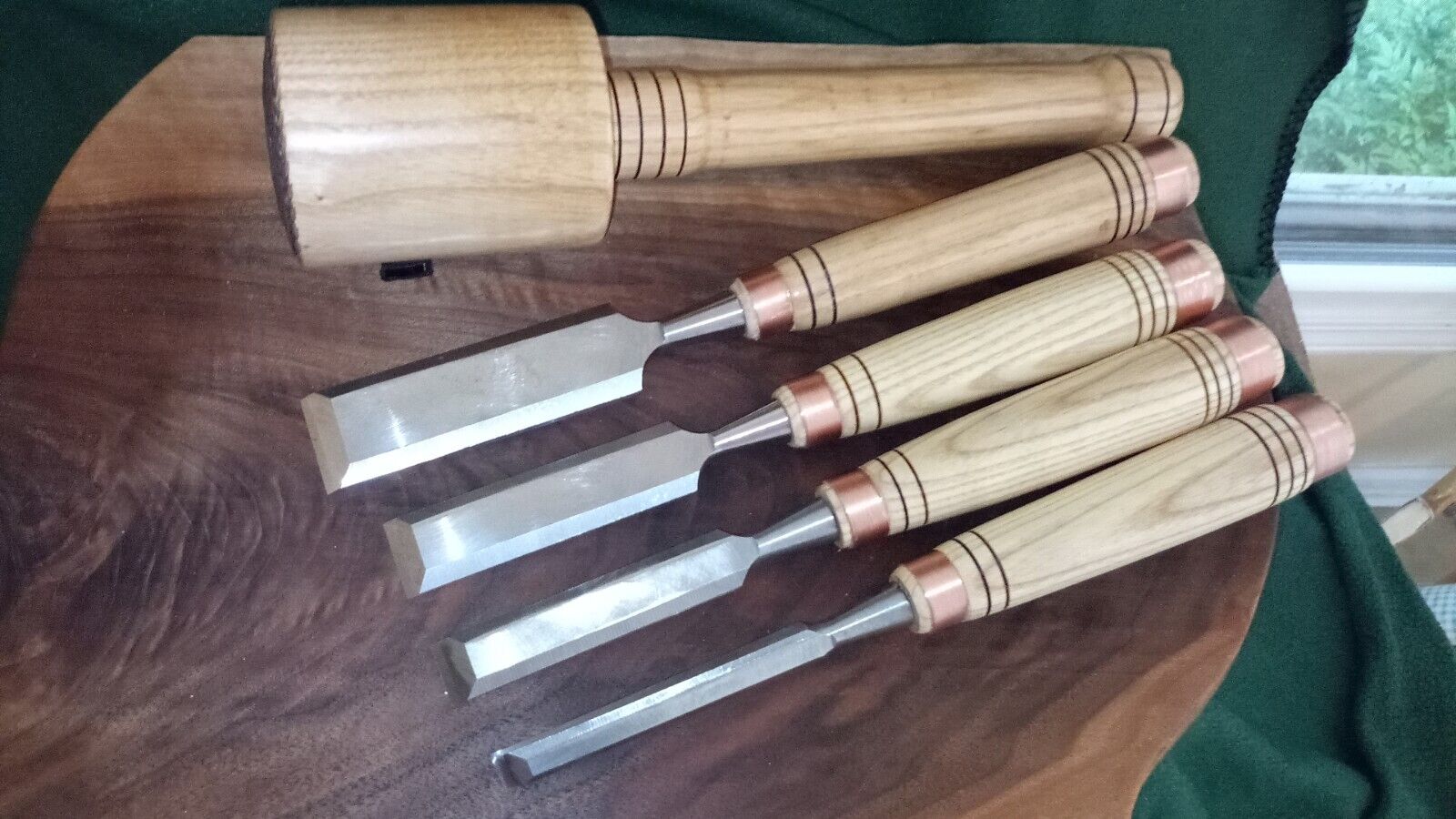 Set of 4 Timber Frame Wood Chisels and Maple Woodworkers Mallet.