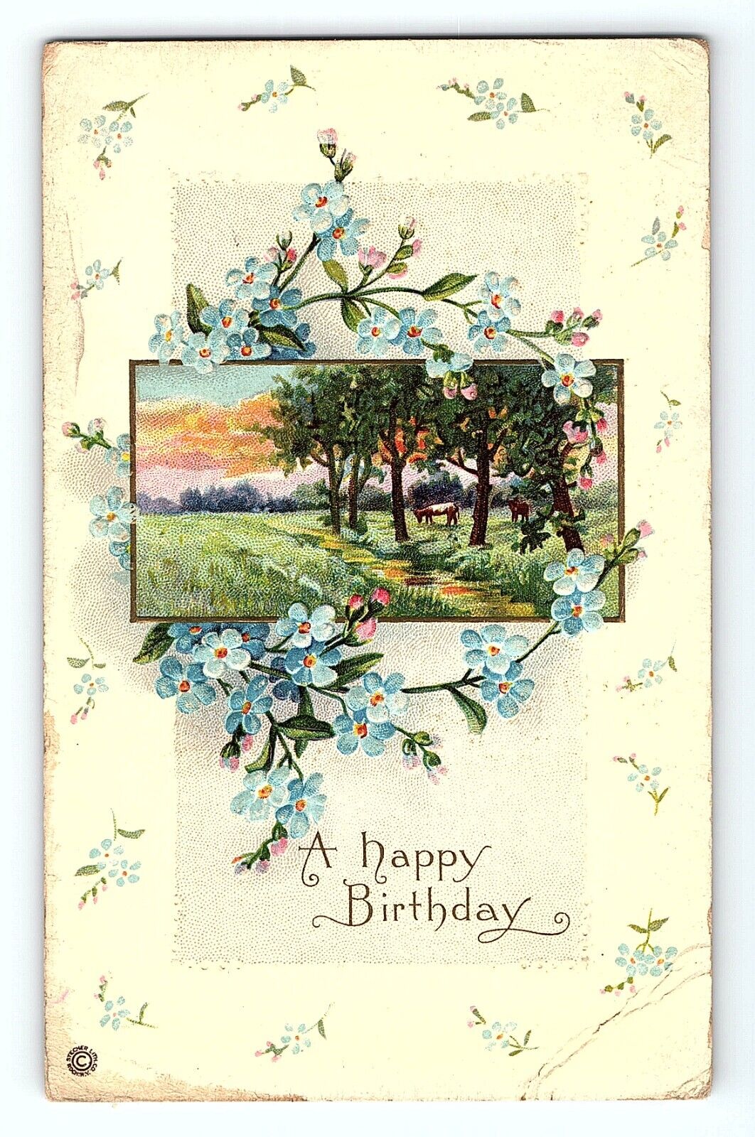 A Happy Birthday Country Side View Floral Trees Fields Card Vintage Postcard