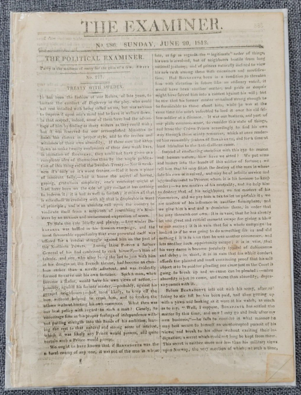 THE EXAMINER 20TH JUNE 1813  TREATY SWEDEN NAPOLEON ORIGINAL SMALL NEWSPAPER