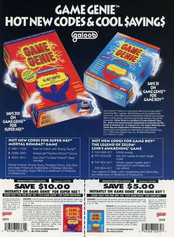 Game Genie SNES Gameboy Rebate Original 1994 Ad Authentic Galoob Game Promo
