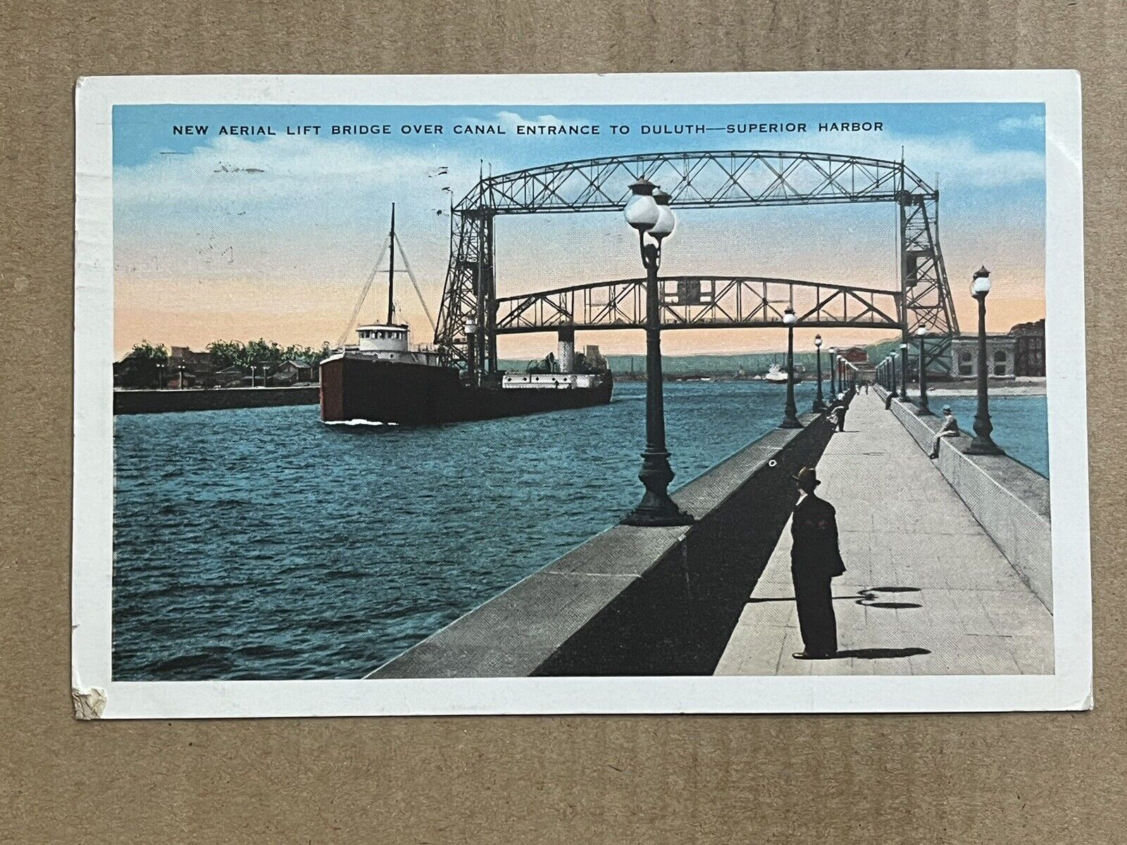 Postcard Duluth MN Minnesota Superior WI Harbor Canal Aerial Lift Bridge Ship