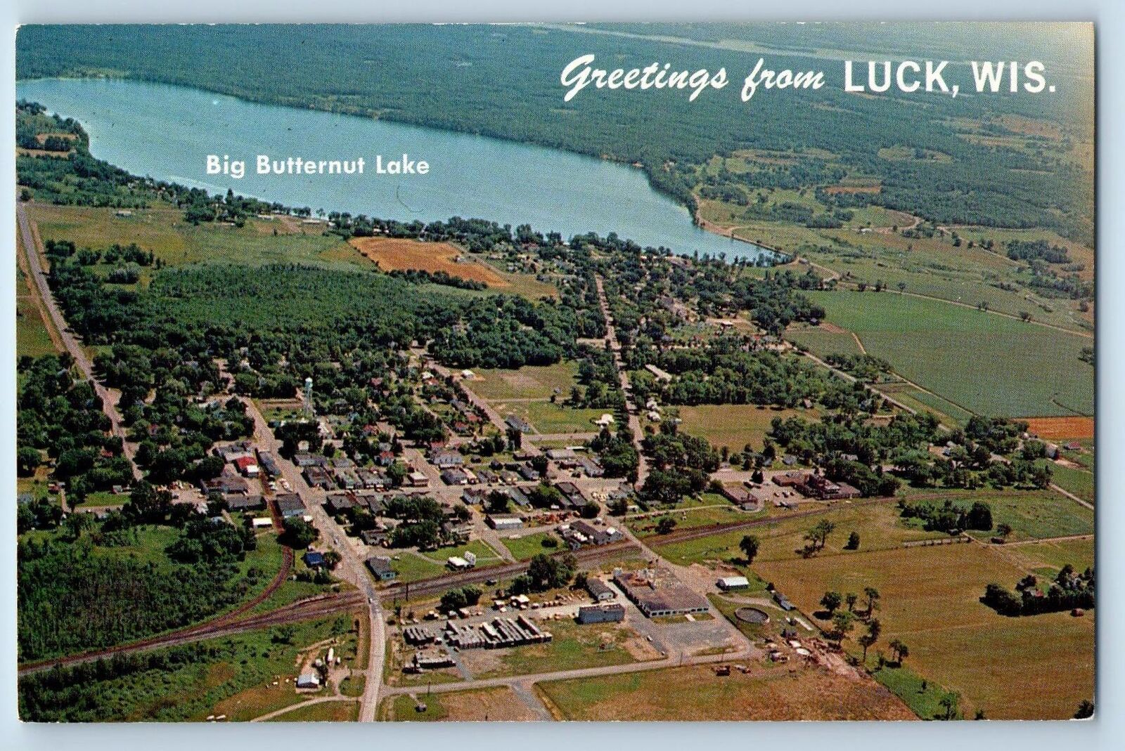 c1950's Greetings From Luck Big Butternut Lake Wisconsin Correspondence Postcard